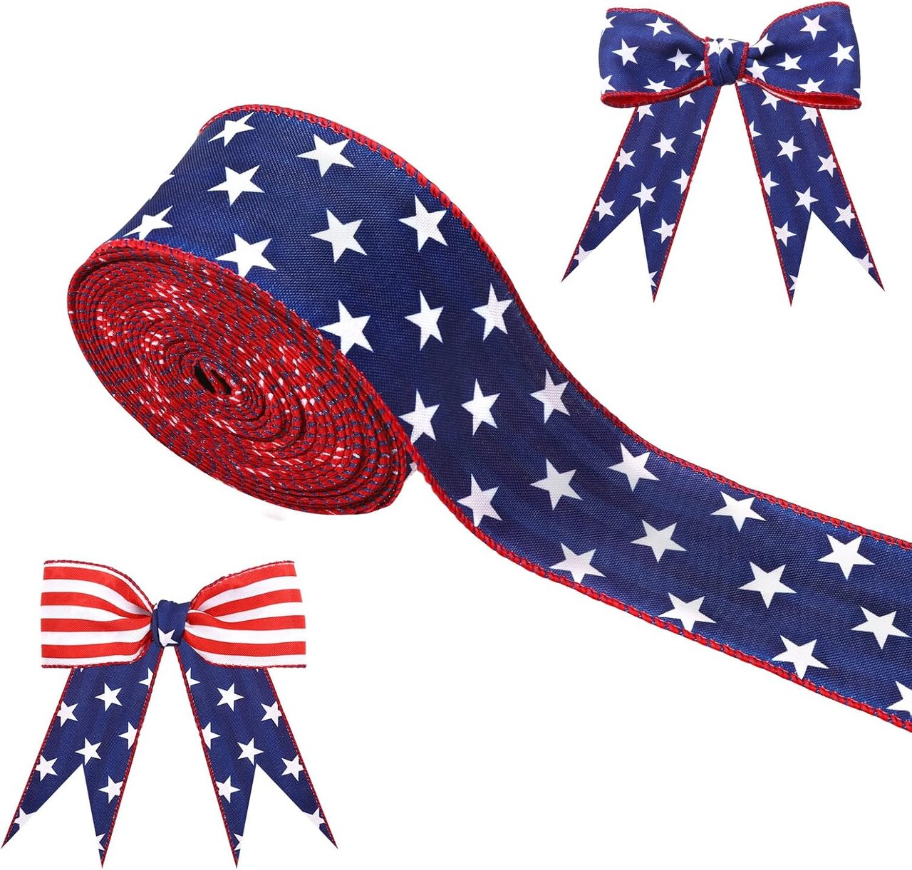 Patriotic Wired American Flag Ribbon – 2.5" x 15 Yards Red White & Blue 4th of July Ribbon for Wreaths, Tree Decor, Gift Wrapping & Independence Day Party Decorations
